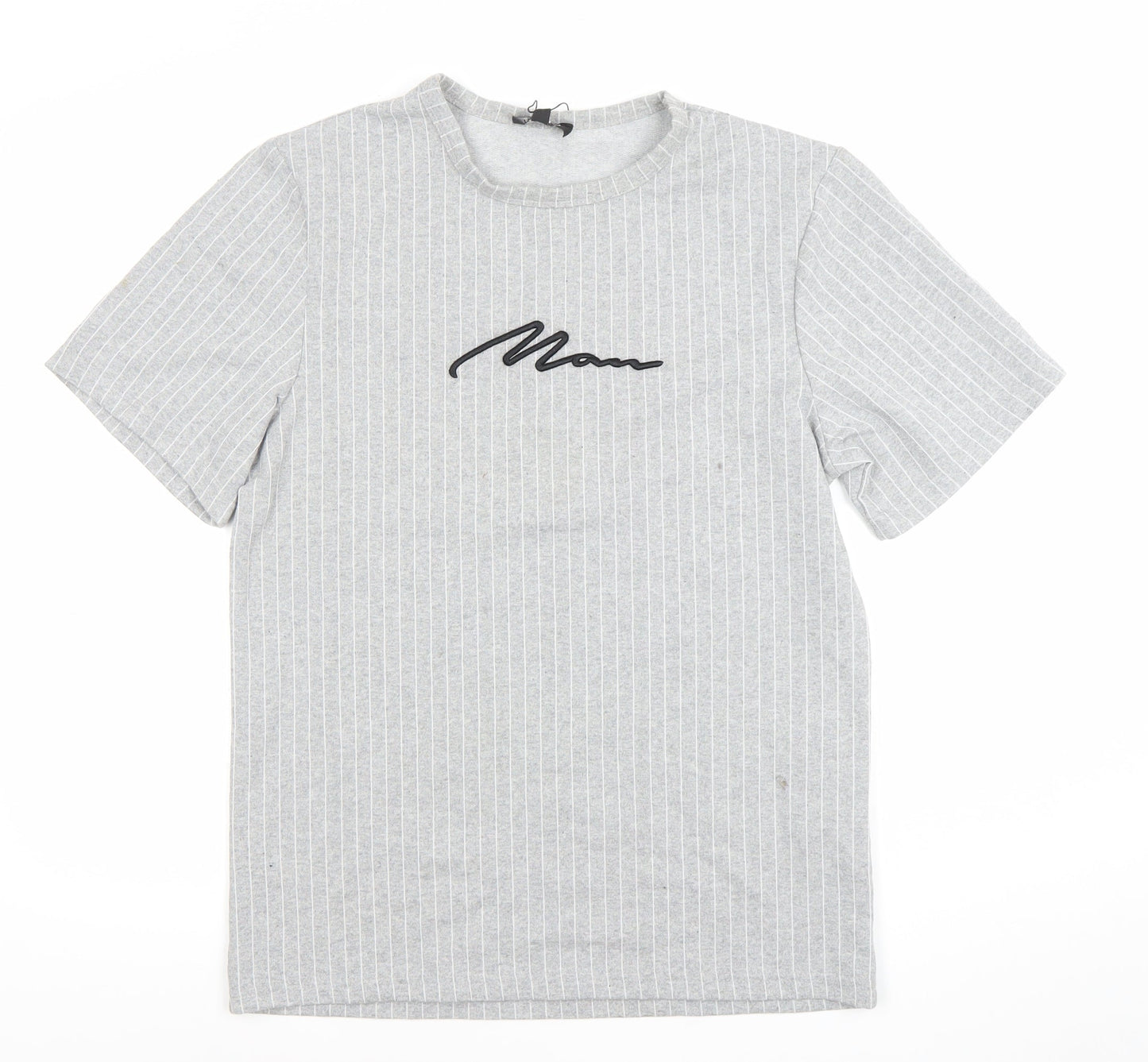 boohooMAN Men's Grey Striped Short Sleeve Crew Neck T-Shirt Size S