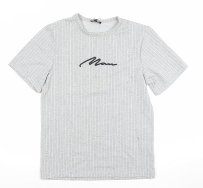 boohooMAN Men's Grey Striped Short Sleeve Crew Neck T-Shirt Size S