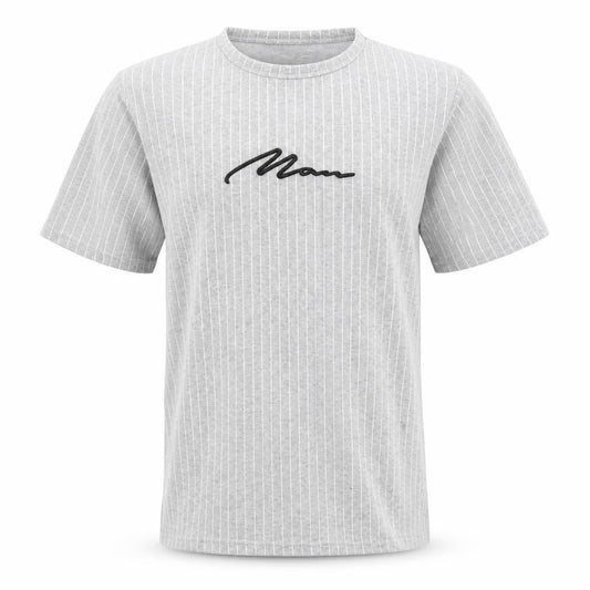Front view of boohooMAN Men's Grey Striped Short Sleeve Crew Neck T-Shirt, size S