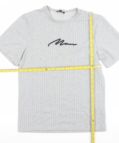 boohooMAN Men's Grey Striped Short Sleeve Crew Neck T-Shirt Size S