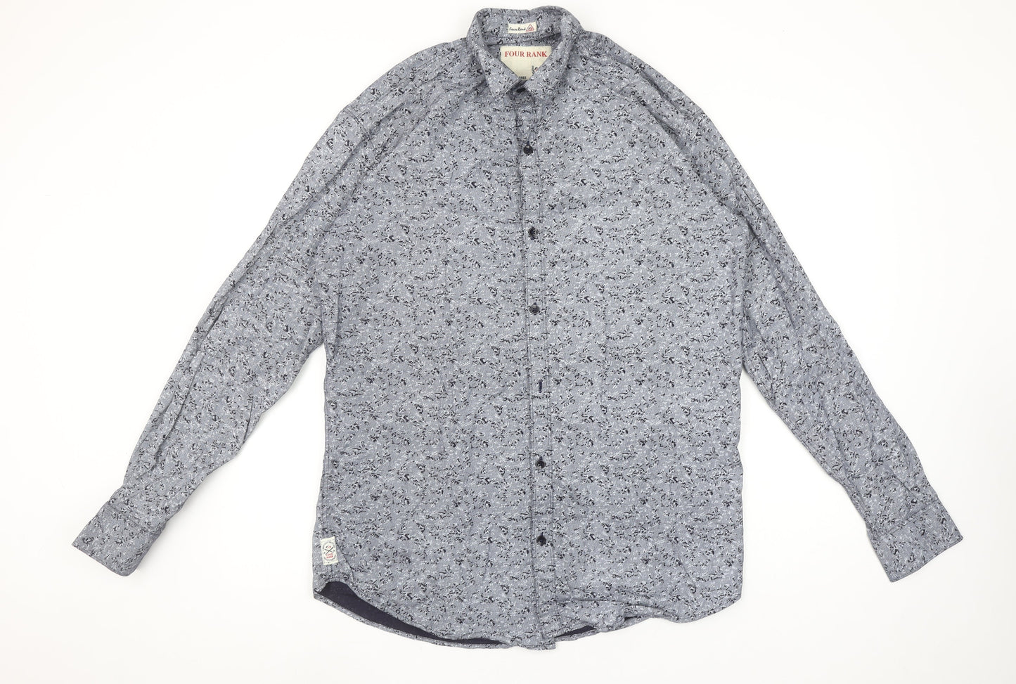FOUR RANK Men's Grey Floral Long Sleeve Cotton Button-Up Shirt XL
