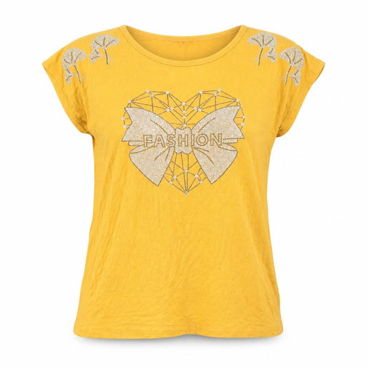 DRESSPOT Women's Yellow Beaded Bow T-Shirt Crew Neck L Short Sleeve Cotton