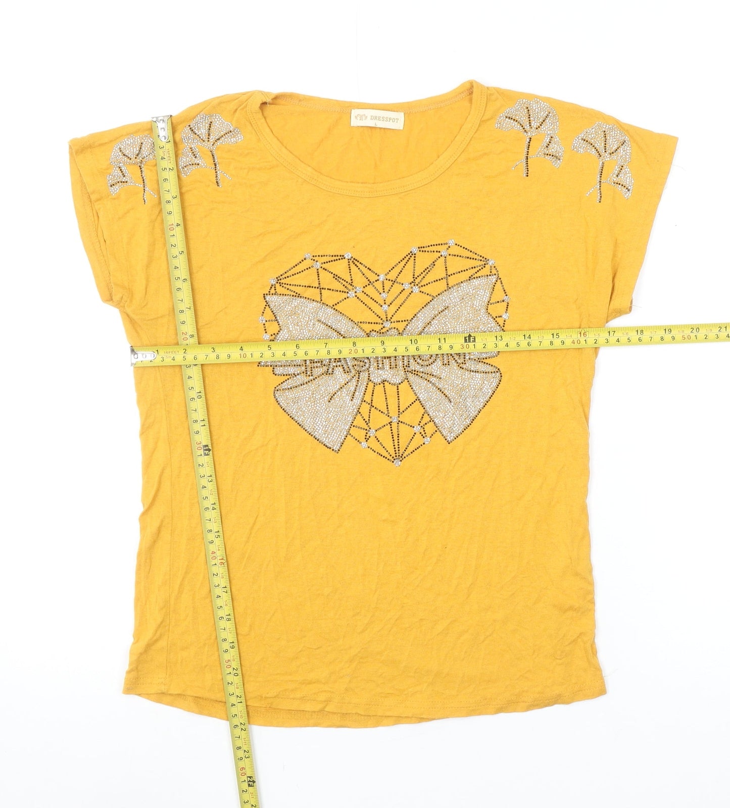 DRESSPOT Women's Yellow Beaded Bow T-Shirt Crew Neck L Short Sleeve Cotton