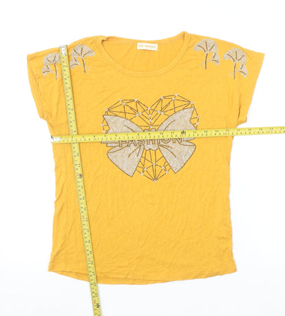 DRESSPOT Women's Yellow Beaded Bow T-Shirt Crew Neck L Short Sleeve Cotton