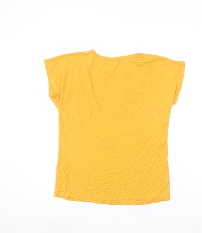 DRESSPOT Women's Yellow Beaded Bow T-Shirt Crew Neck L Short Sleeve Cotton
