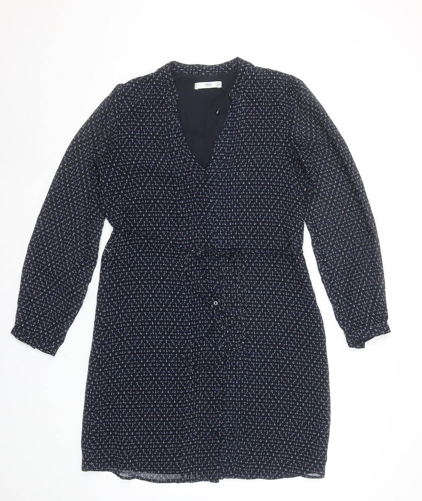 Mango Women’s Blue Geometric Belted Shirt Dress Size XS