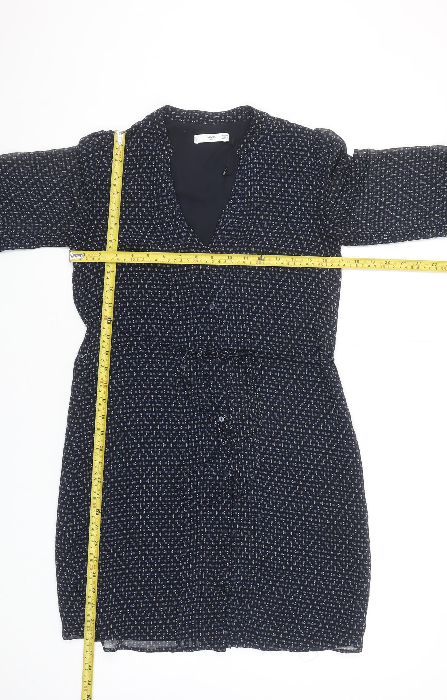 Mango Women’s Blue Geometric Belted Shirt Dress Size XS