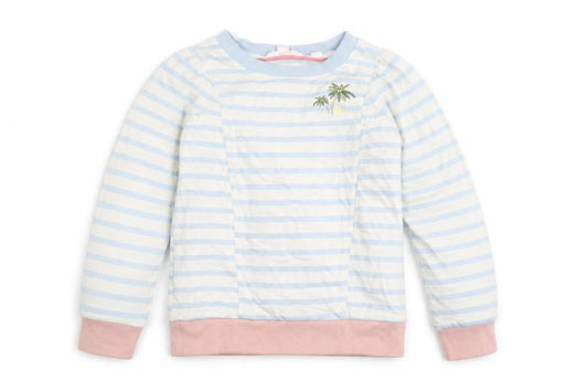 Front view of White Stuff girls’ blue striped pullover sweatshirt age 7-8 years
