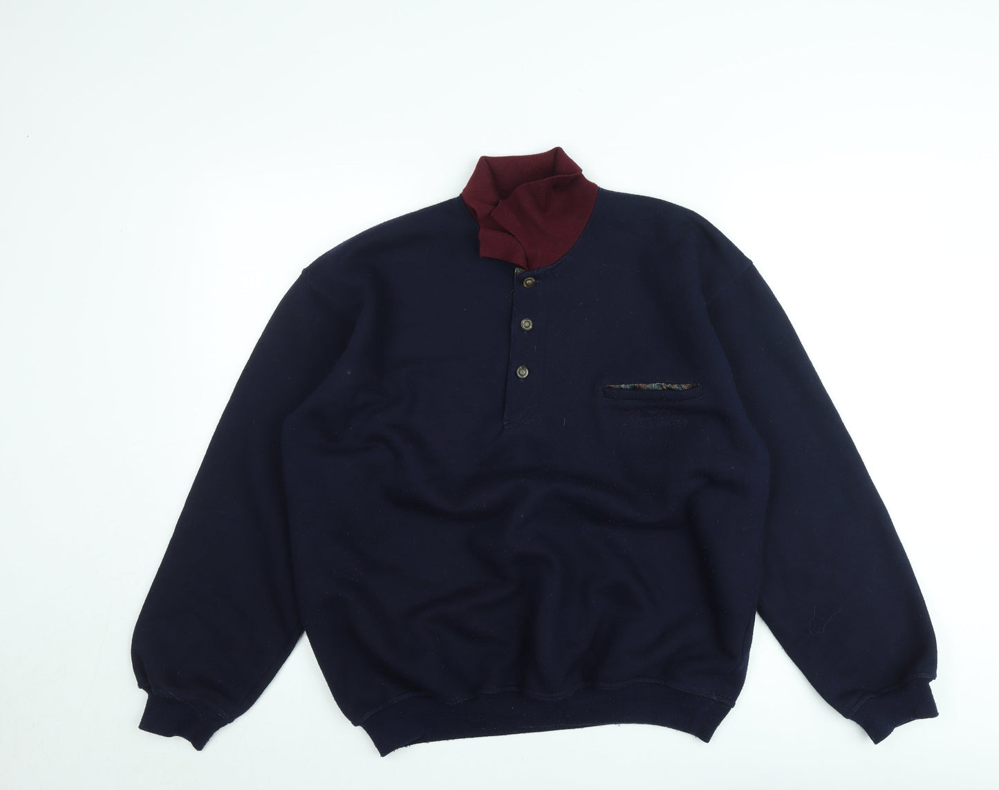 River Island Originals Men’s Navy Henley Sweatshirt L Fleece Cotton Blend