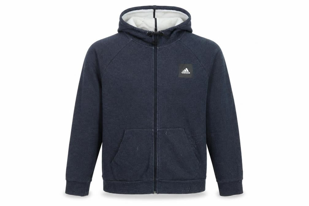 Front view of Adidas Men’s Blue Full Zip Hoodie L Sports Jersey Cotton Blend