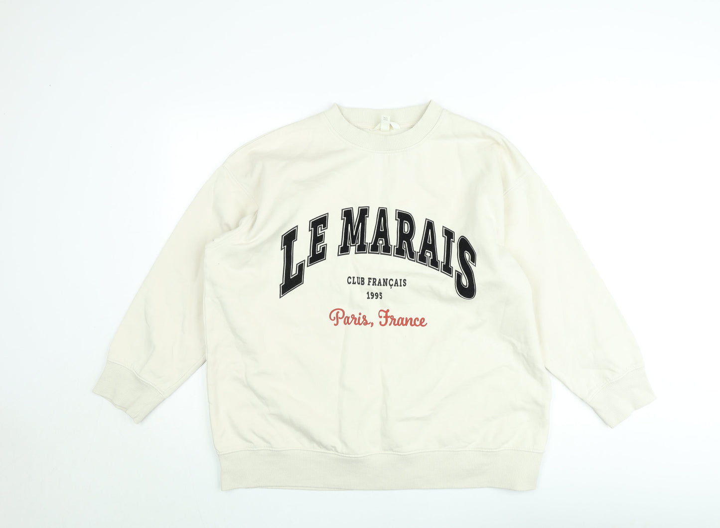 H&M Women Beige Graphic Pullover Sweatshirt Size 12 - Le Marais Paris Print