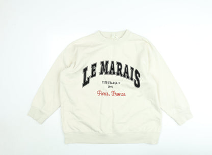 H&M Women Beige Graphic Pullover Sweatshirt Size 12 - Le Marais Paris Print