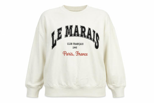 H&M Women Beige Graphic Pullover Sweatshirt Size 12 - Le Marais Paris Print