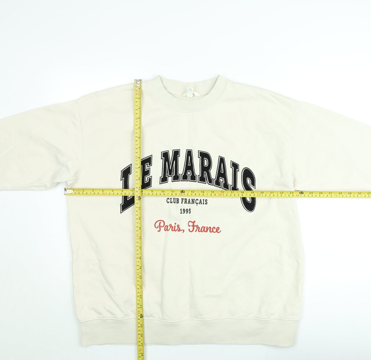 H&M Women Beige Graphic Pullover Sweatshirt Size 12 - Le Marais Paris Print