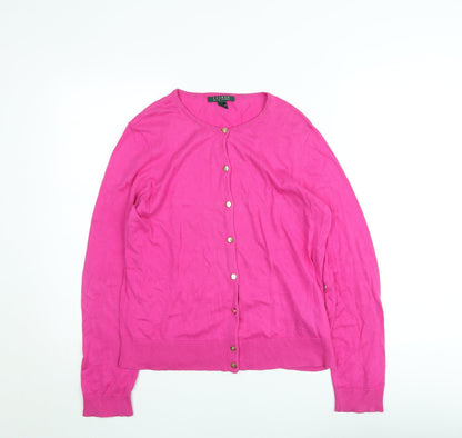 Lauren Ralph Lauren Women's Pink Cotton Cardigan L Crew Neck Long Sleeve
