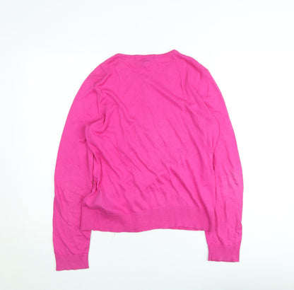 Lauren Ralph Lauren Women's Pink Cotton Cardigan L Crew Neck Long Sleeve