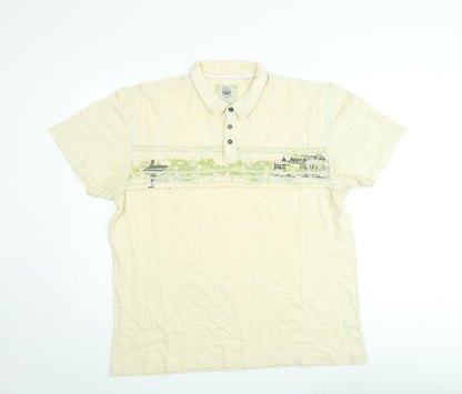 Next Men's Beige Graphic Print Cotton Polo Shirt Size L