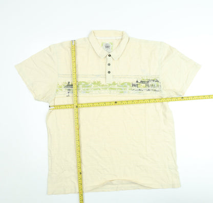 Next Men's Beige Graphic Print Cotton Polo Shirt Size L