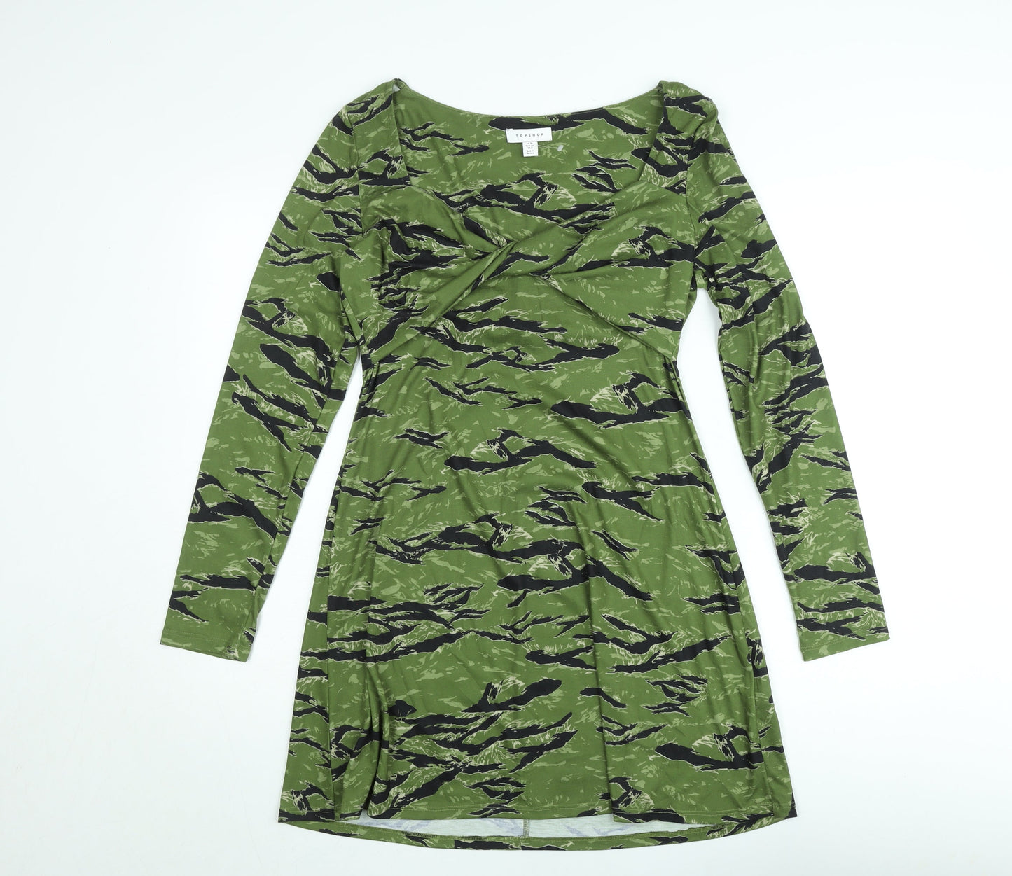 Topshop Women’s Green Camouflage A-Line Jersey Dress Size 12