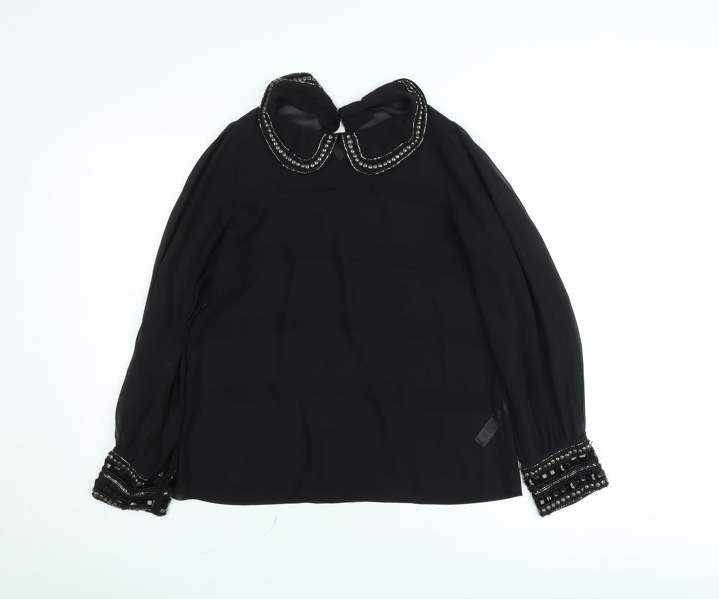 Dunnes Women Black Beaded Collar Chiffon Blouse Size 12