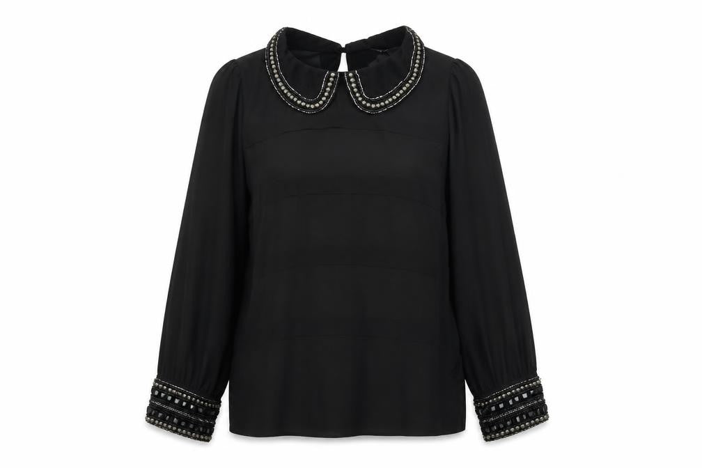 Front view of Dunnes Women Black Beaded Collar Chiffon Blouse, size 12