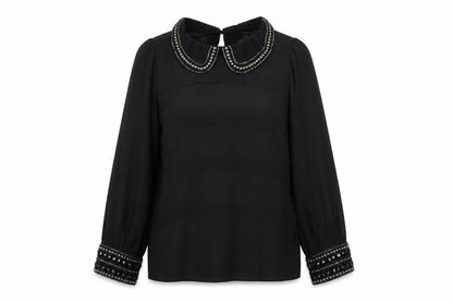 Front view of Dunnes Women Black Beaded Collar Chiffon Blouse, size 12