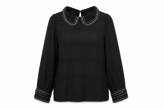 Dunnes Women Black Beaded Collar Chiffon Blouse Size 12