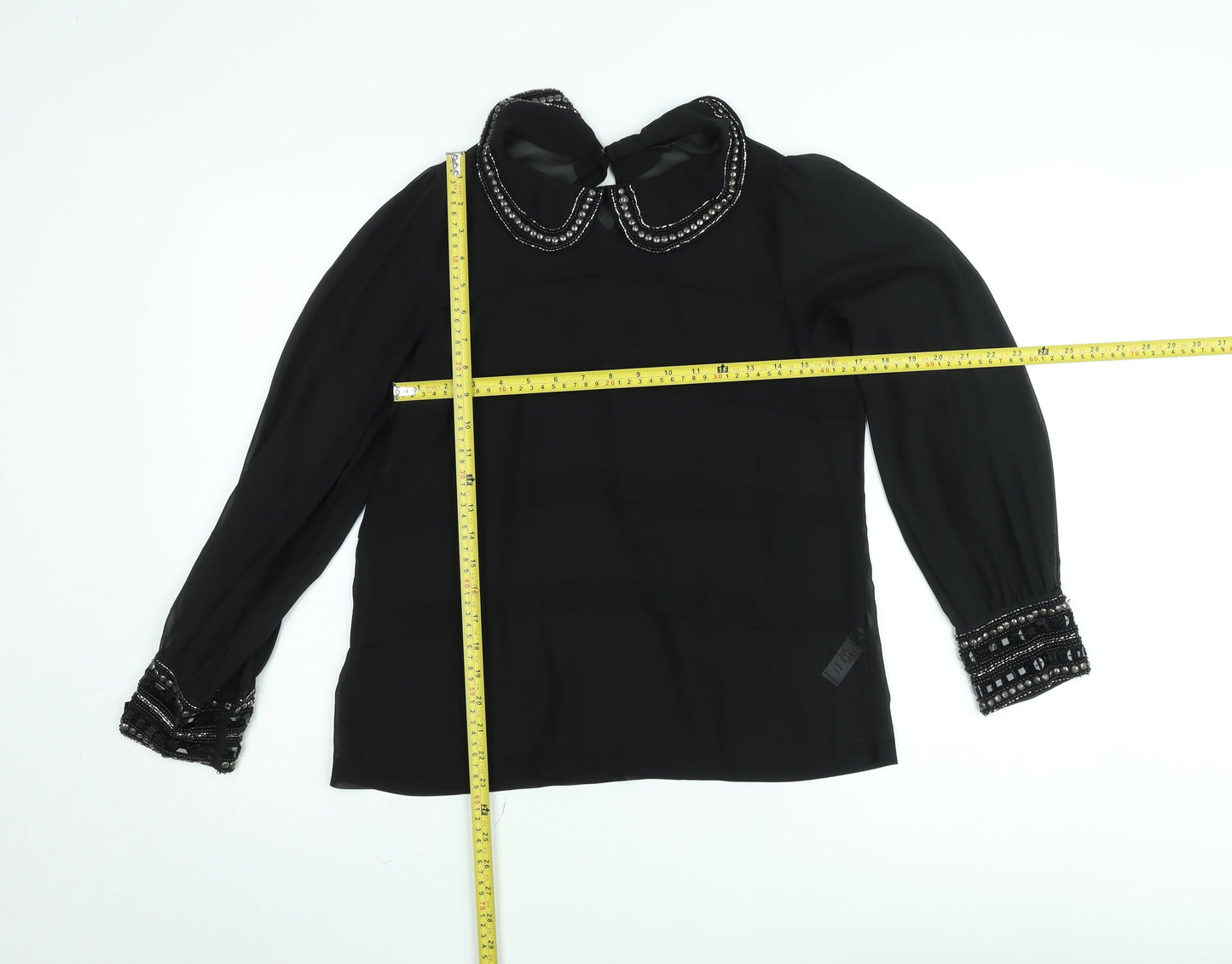 Dunnes Women Black Beaded Collar Chiffon Blouse Size 12