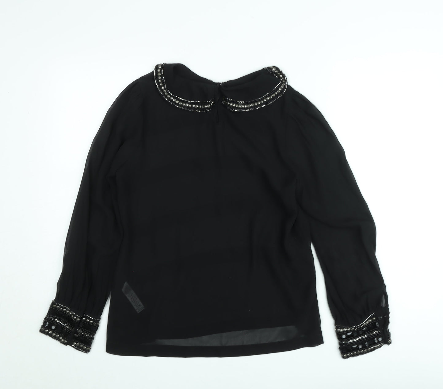 Dunnes Women Black Beaded Collar Chiffon Blouse Size 12