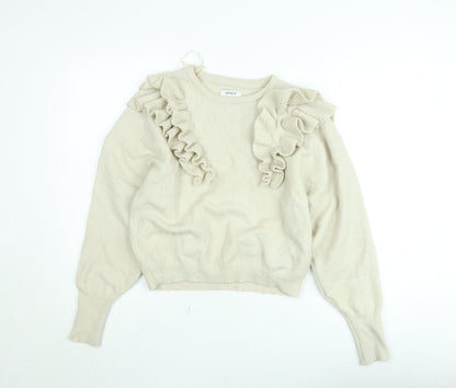 ONLY Women Beige Ruffle Knit Jumper Medium Long Sleeve Pullover