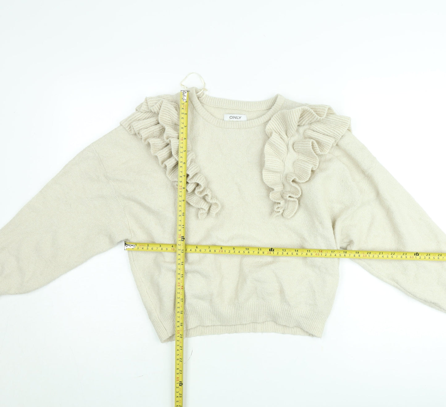 ONLY Women Beige Ruffle Knit Jumper Medium Long Sleeve Pullover