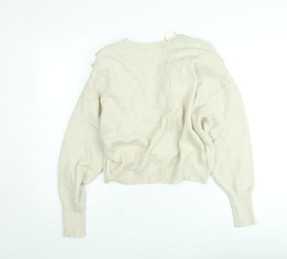 ONLY Women Beige Ruffle Knit Jumper Medium Long Sleeve Pullover