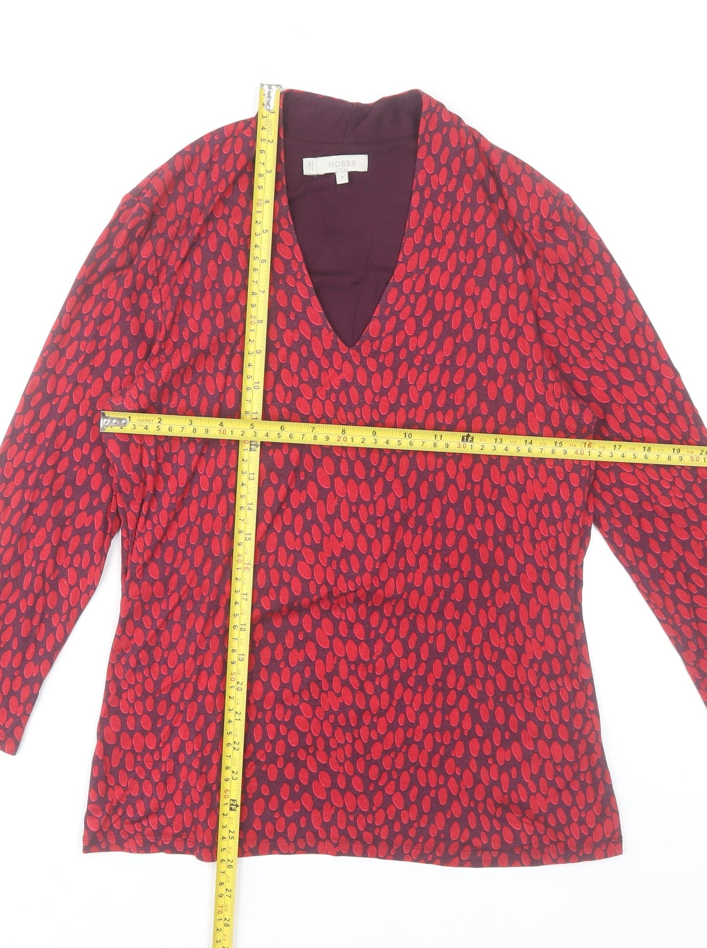 Hobbs Women Red Patterned Viscose Long Sleeve V-Neck Top Size M