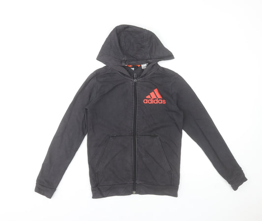 Adidas Boys Black Full Zip Hoodie 9-10 Years Cotton Blend Red Logo