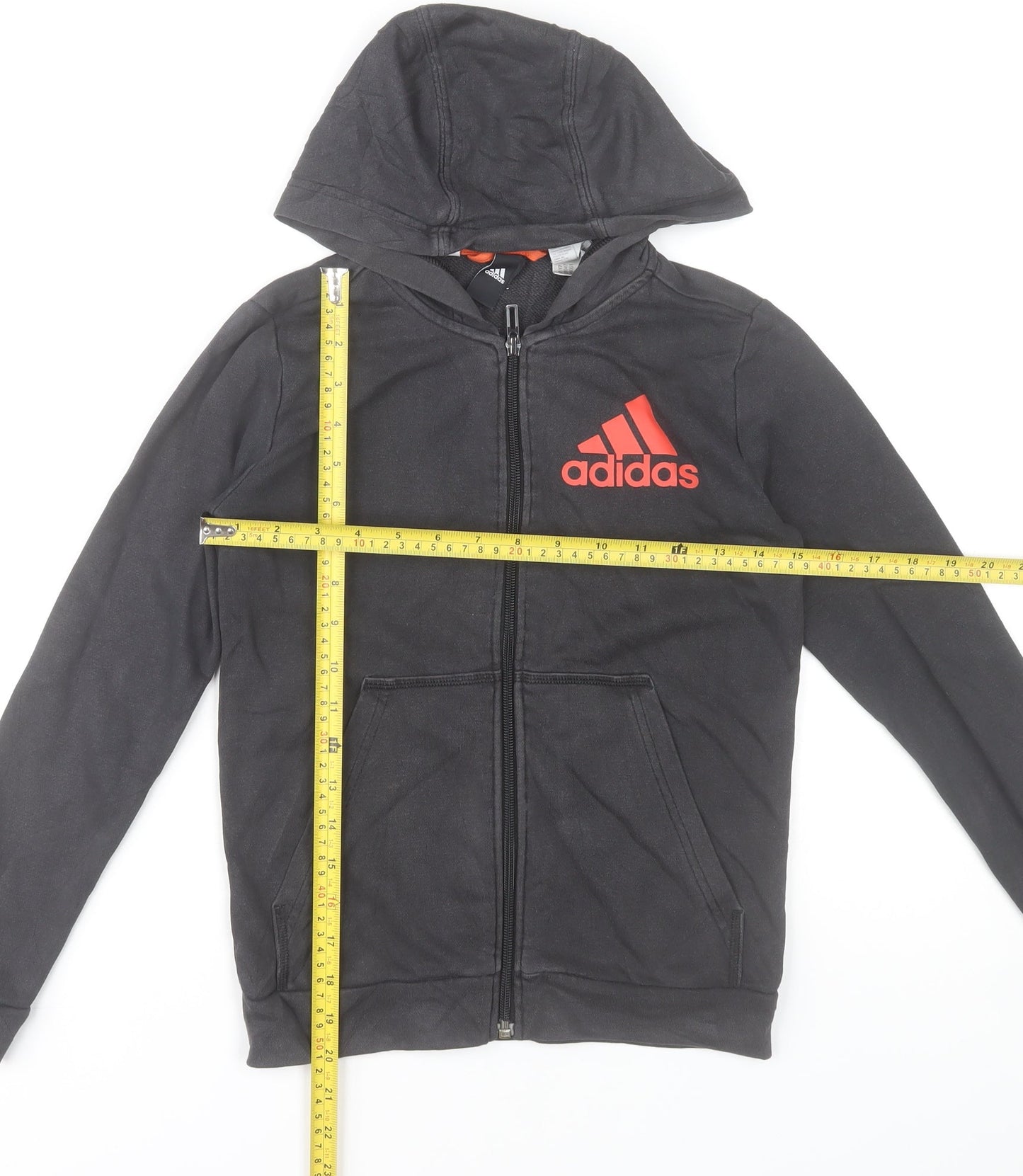 Adidas Boys Black Full Zip Hoodie 9-10 Years Cotton Blend Red Logo