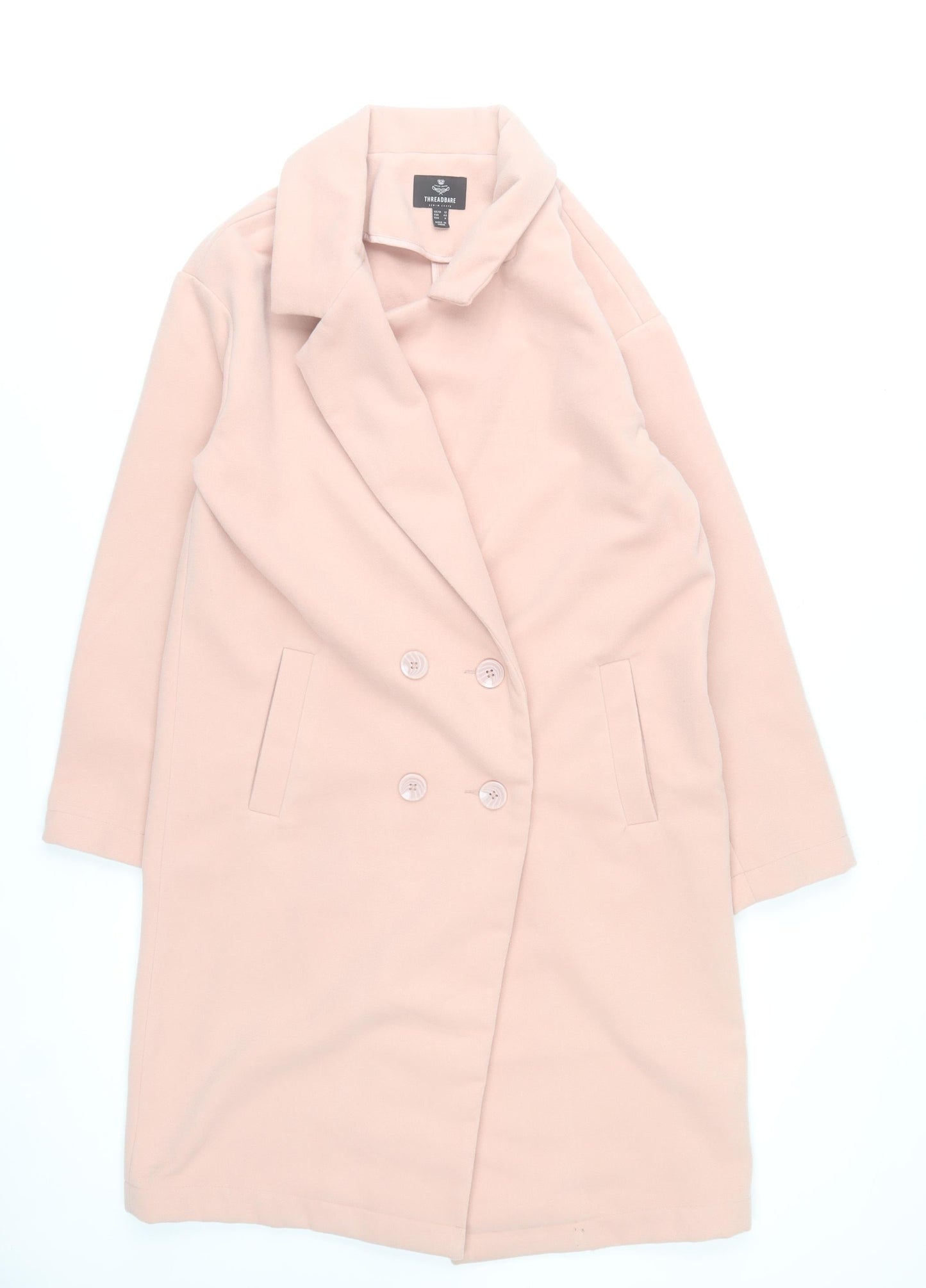 Threadbare Women’s Pink Long Overcoat Size 10 Classic Lined Buttoned Polyester Blend