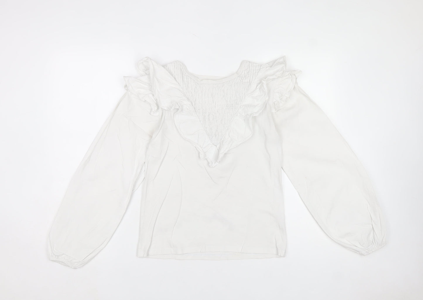 River Island Women's White Ruffle V-Neck Cotton Long Sleeve Blouse Size 8