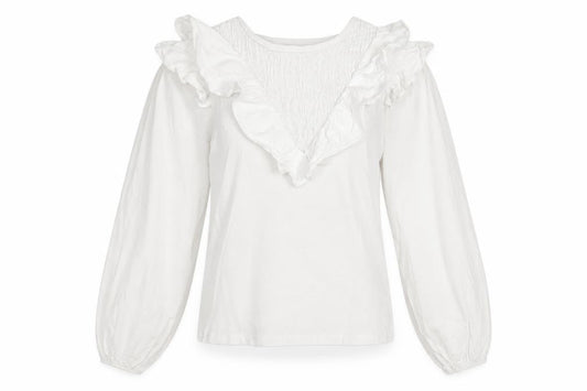River Island Women's White Ruffle V-Neck Cotton Long Sleeve Blouse Size 8