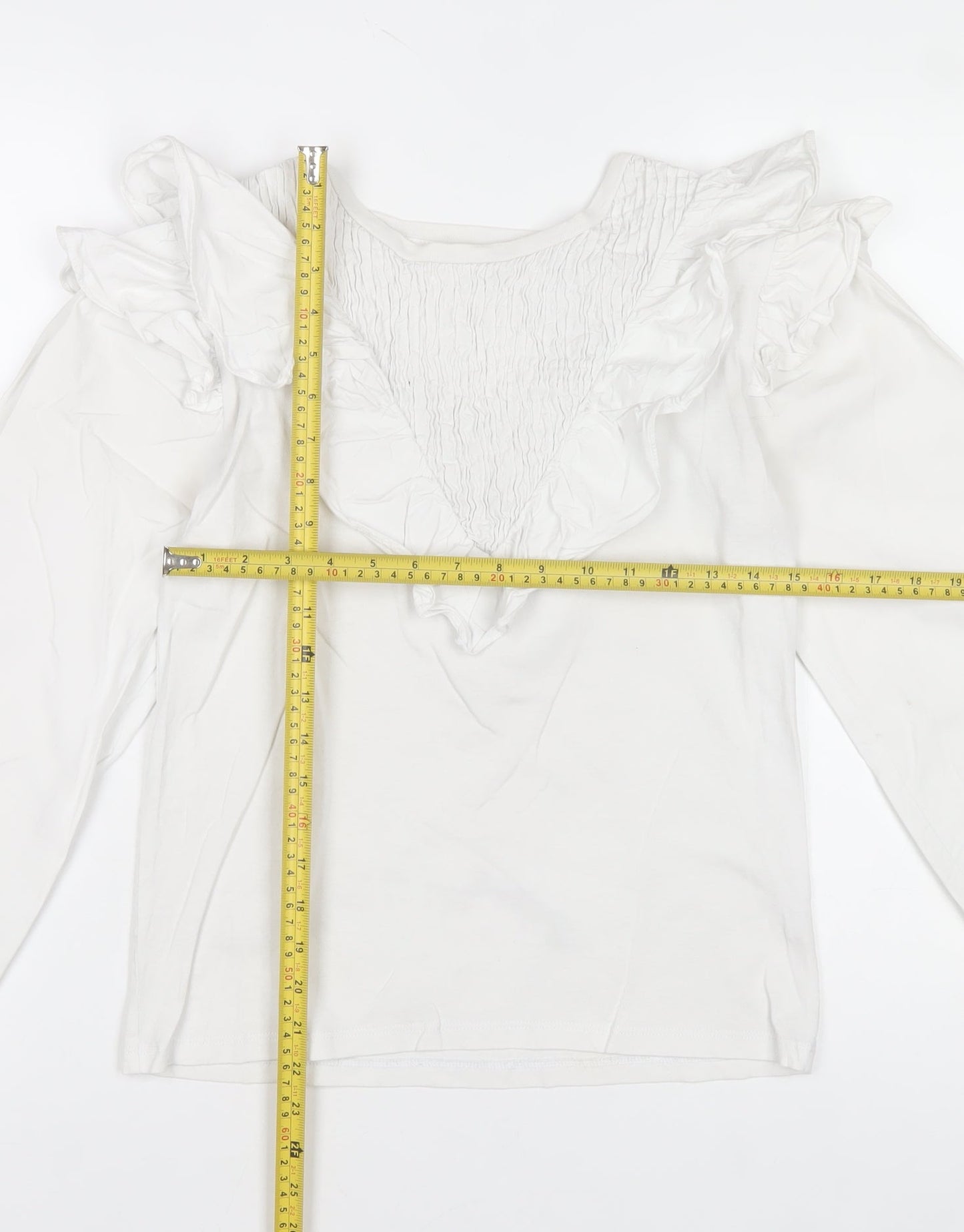 River Island Women's White Ruffle V-Neck Cotton Long Sleeve Blouse Size 8