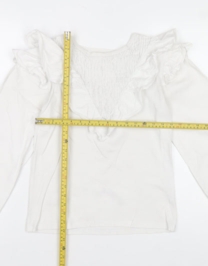 River Island Women's White Ruffle V-Neck Cotton Long Sleeve Blouse Size 8
