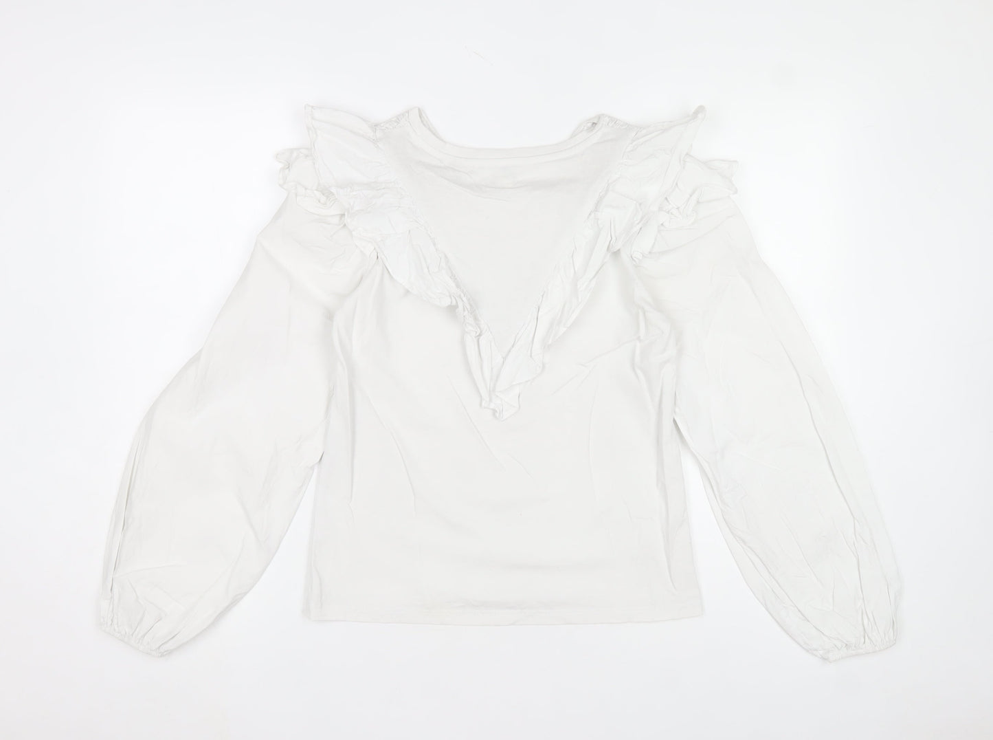 River Island Women's White Ruffle V-Neck Cotton Long Sleeve Blouse Size 8