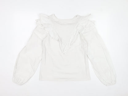 River Island Women's White Ruffle V-Neck Cotton Long Sleeve Blouse Size 8