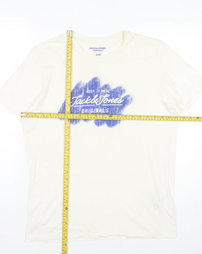 Jack & Jones Men's White Graphic Print T-Shirt Size L Regular Fit