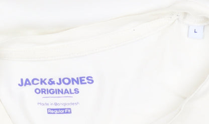 Jack & Jones Men's White Graphic Print T-Shirt Size L Regular Fit
