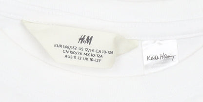 H&M Girls White Keith Haring Graphic T-Shirt 11-12 Years Cotton