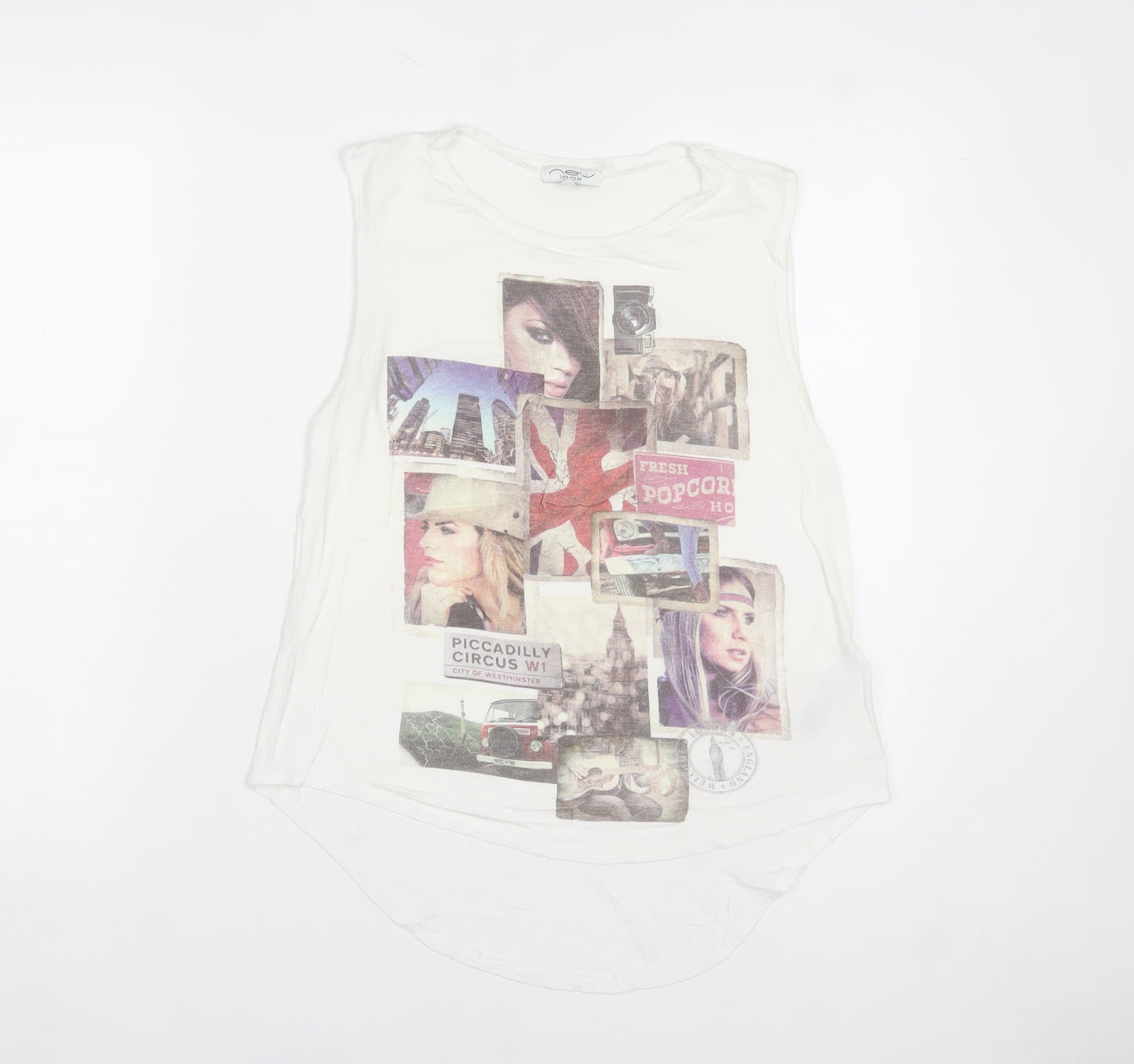 New Look Women’s White Graphic Sleeveless Tank Top UK 10 Viscose