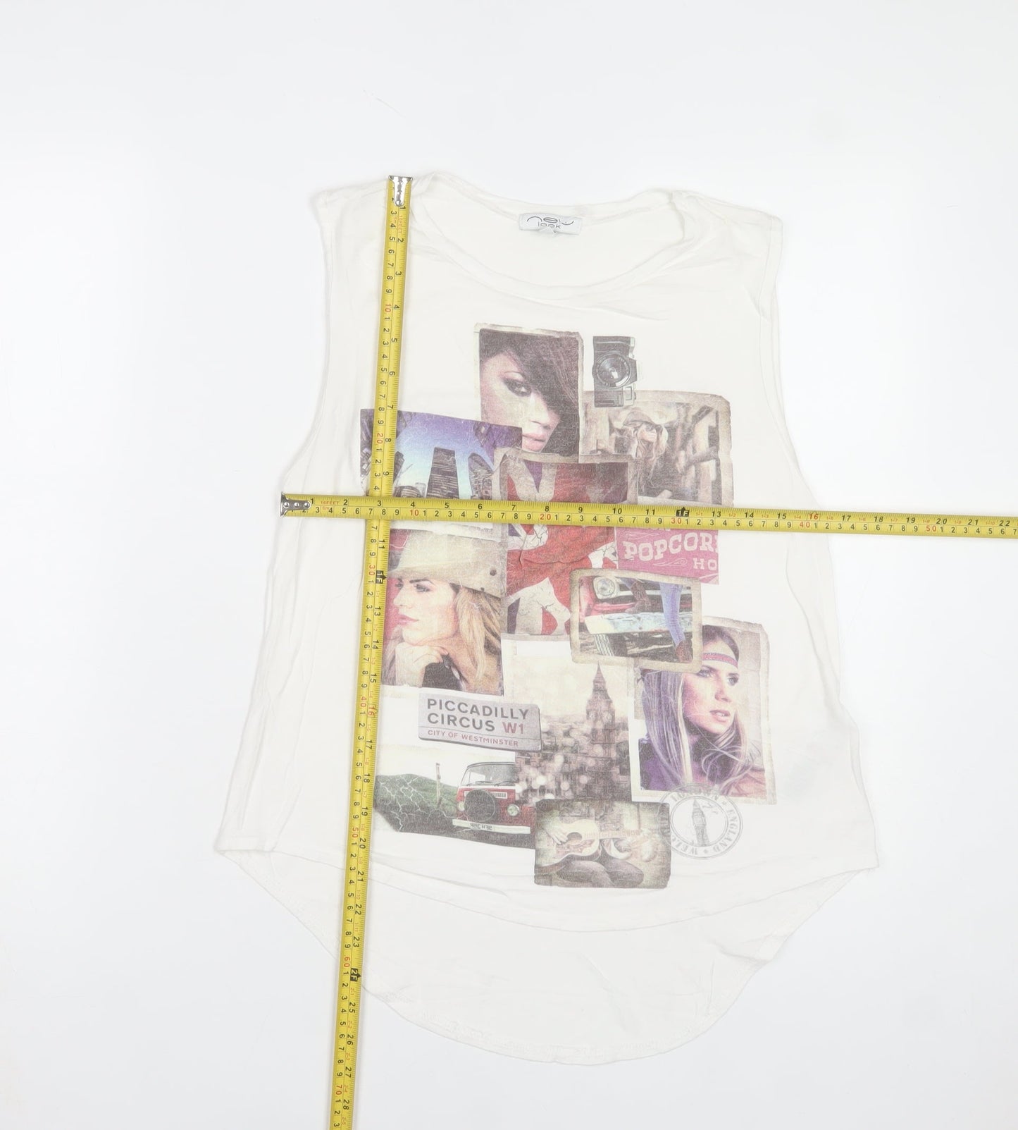 New Look Women’s White Graphic Sleeveless Tank Top UK 10 Viscose