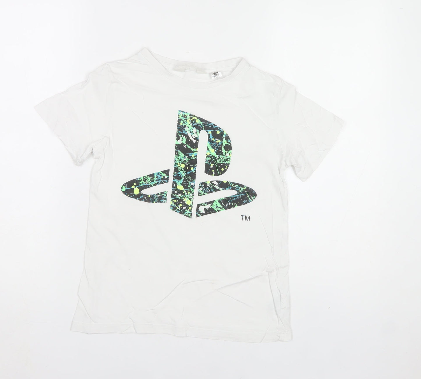 H&M Boys White PlayStation Logo T-Shirt 9-10 Years Regular Fit Cotton