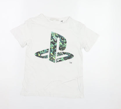 H&M Boys White PlayStation Logo T-Shirt 9-10 Years Regular Fit Cotton