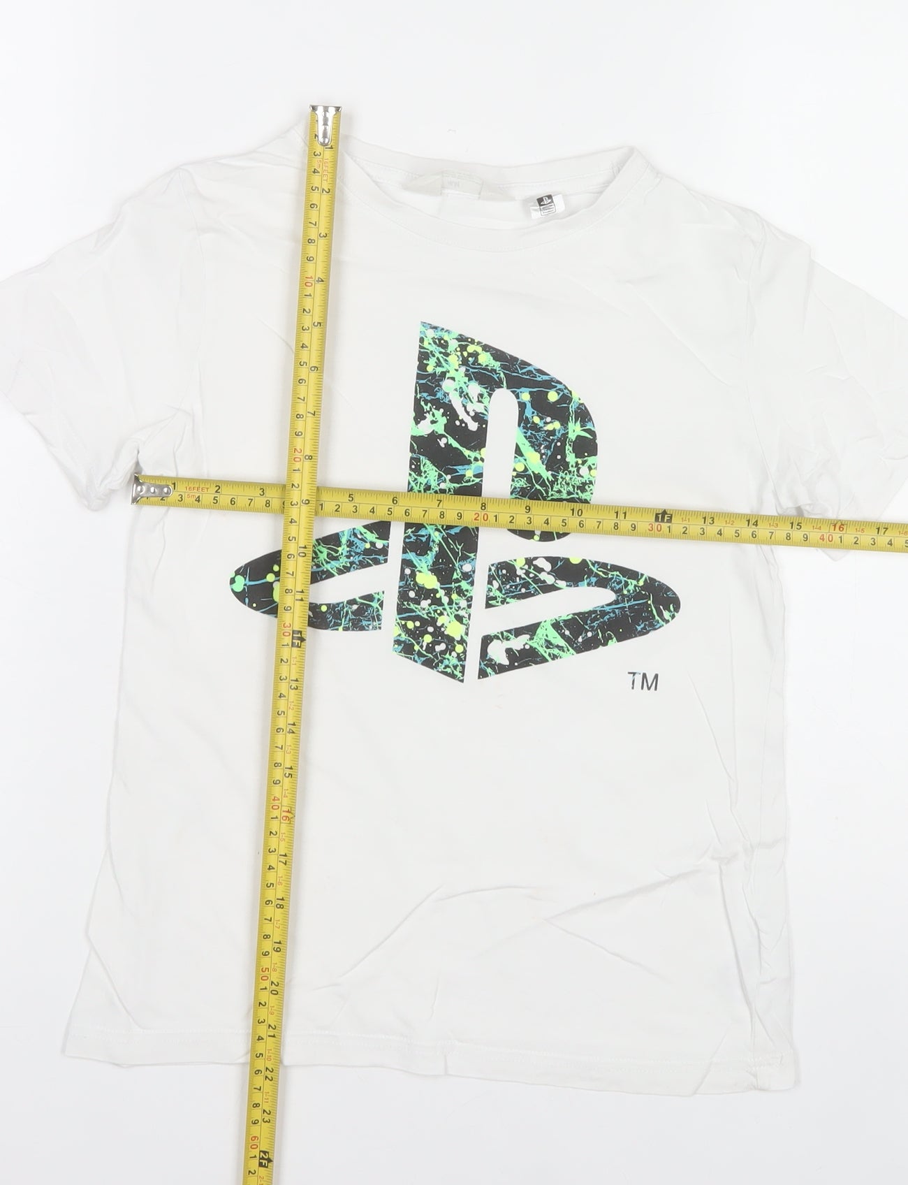 H&M Boys White PlayStation Logo T-Shirt 9-10 Years Regular Fit Cotton